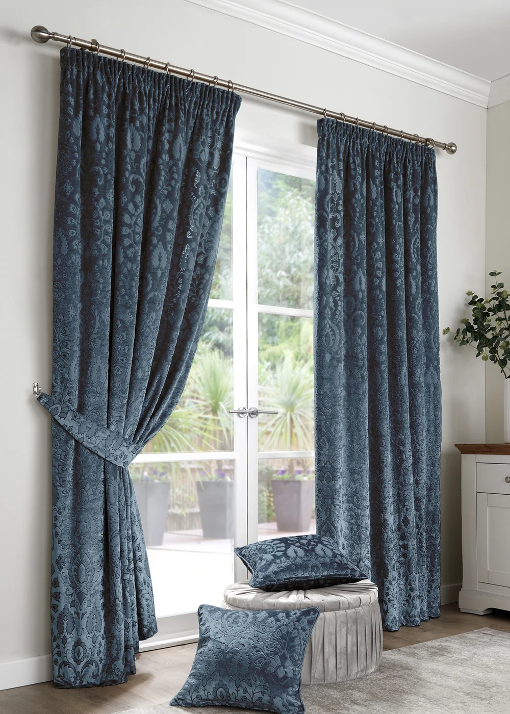 Curtina Trinity Jacquard Blue Pencil Pleat Curtains - 66W X 90D (168x229cm) Image 1