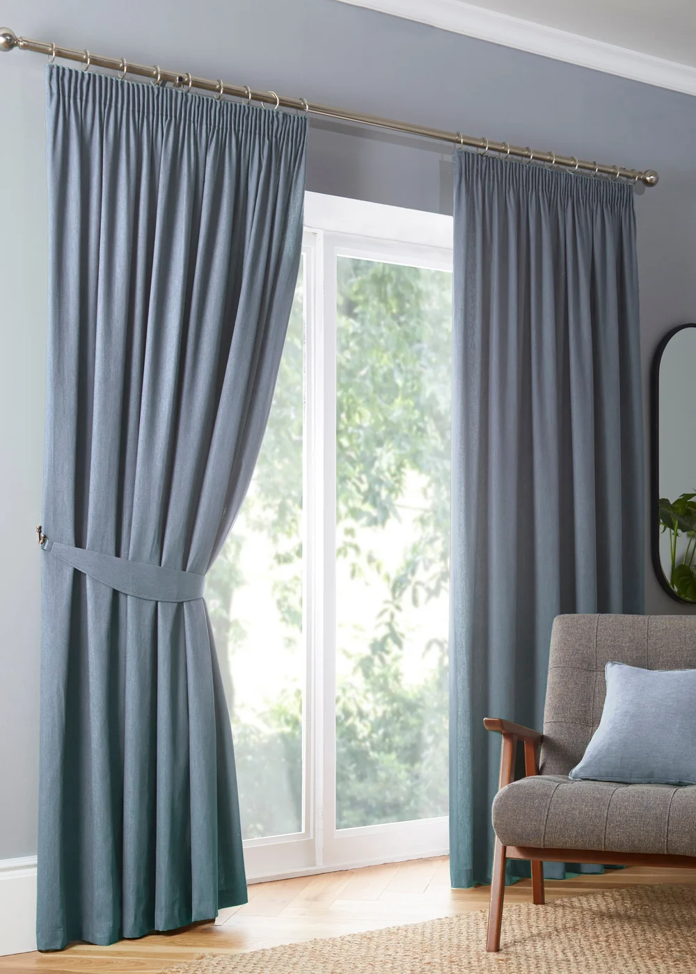 Fusion Dijon Blackout / Thermal Insulated Blue Pencil Pleat Curtains - 46W X 54D (116x137cm) Image 1
