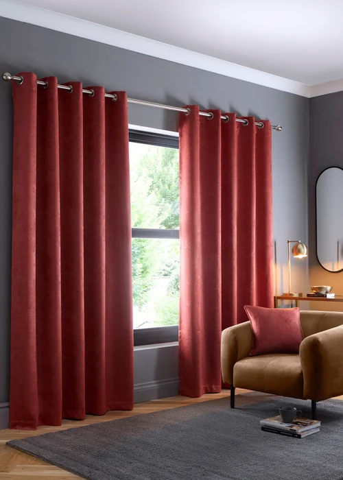 Fusion Strata Dim out Woven Terracotta Eyelet Curtains - 46W X 54D (116x137cm) Image 1