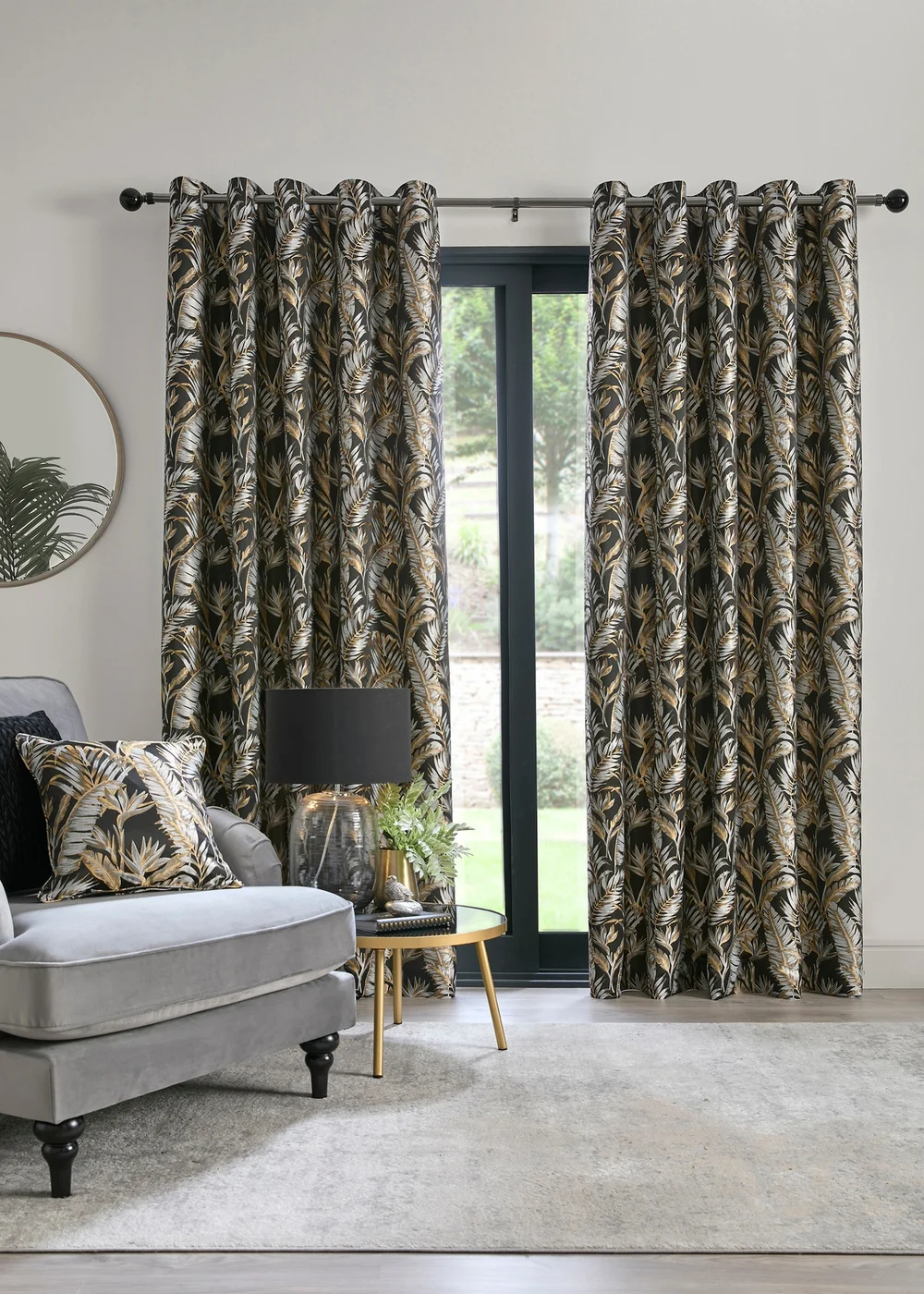 Laurence Llewelyn-Bowen Paradise Palm Jacquard Black Eyelet Curtains - 46W X 54D (116x137cm) Image 1
