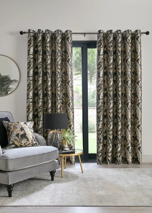 Laurence Llewelyn-Bowen Paradise Palm Jacquard Black Eyelet Curtains - 46W X 54D (116x137cm) Image 1