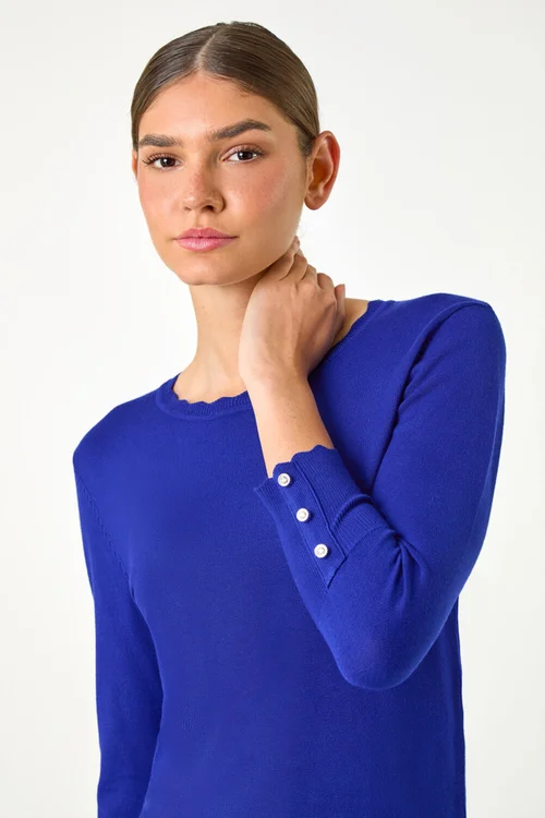 Roman Royal Blue Diamante Button Scallop Edge Jumper - Size 14 Image 3