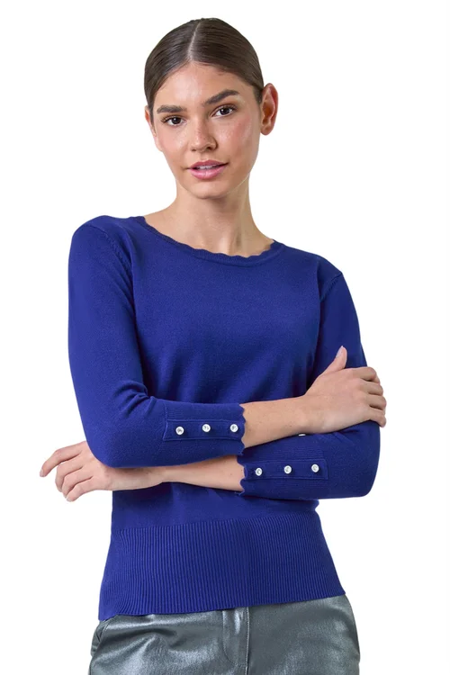 Roman Royal Blue Diamante Button Scallop Edge Jumper - Size 14 Image 1