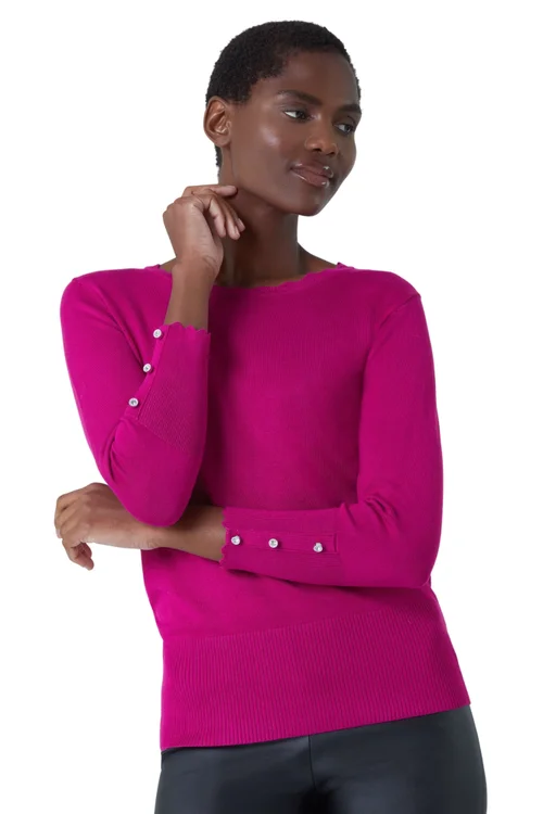Roman Fuchsia Diamante Button Scallop Edge Jumper - Size 16 Image 1
