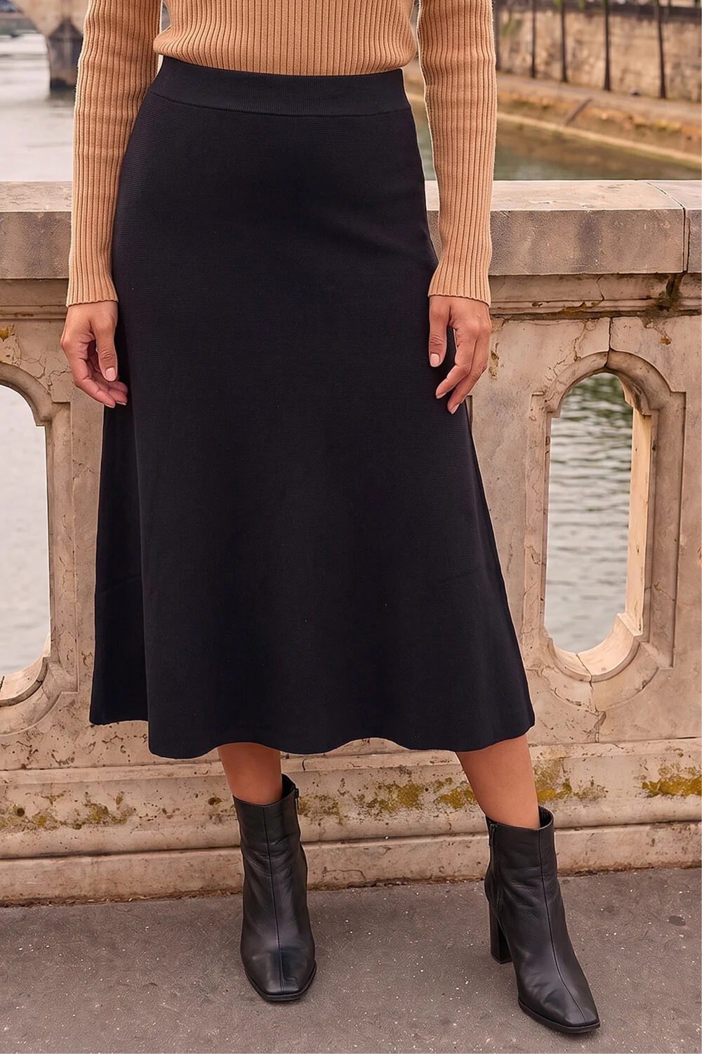 Roman Black Plain Elastic Waist Knitted A Line Midi Skirt - 12 Image 1