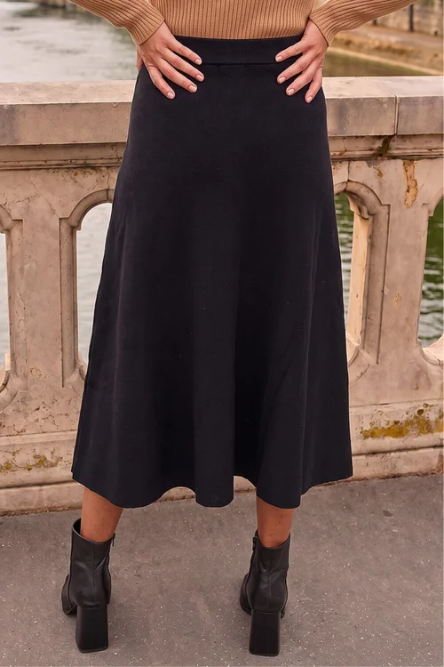 Roman Black Plain Elastic Waist Knitted A Line Midi Skirt - 12 Image 3
