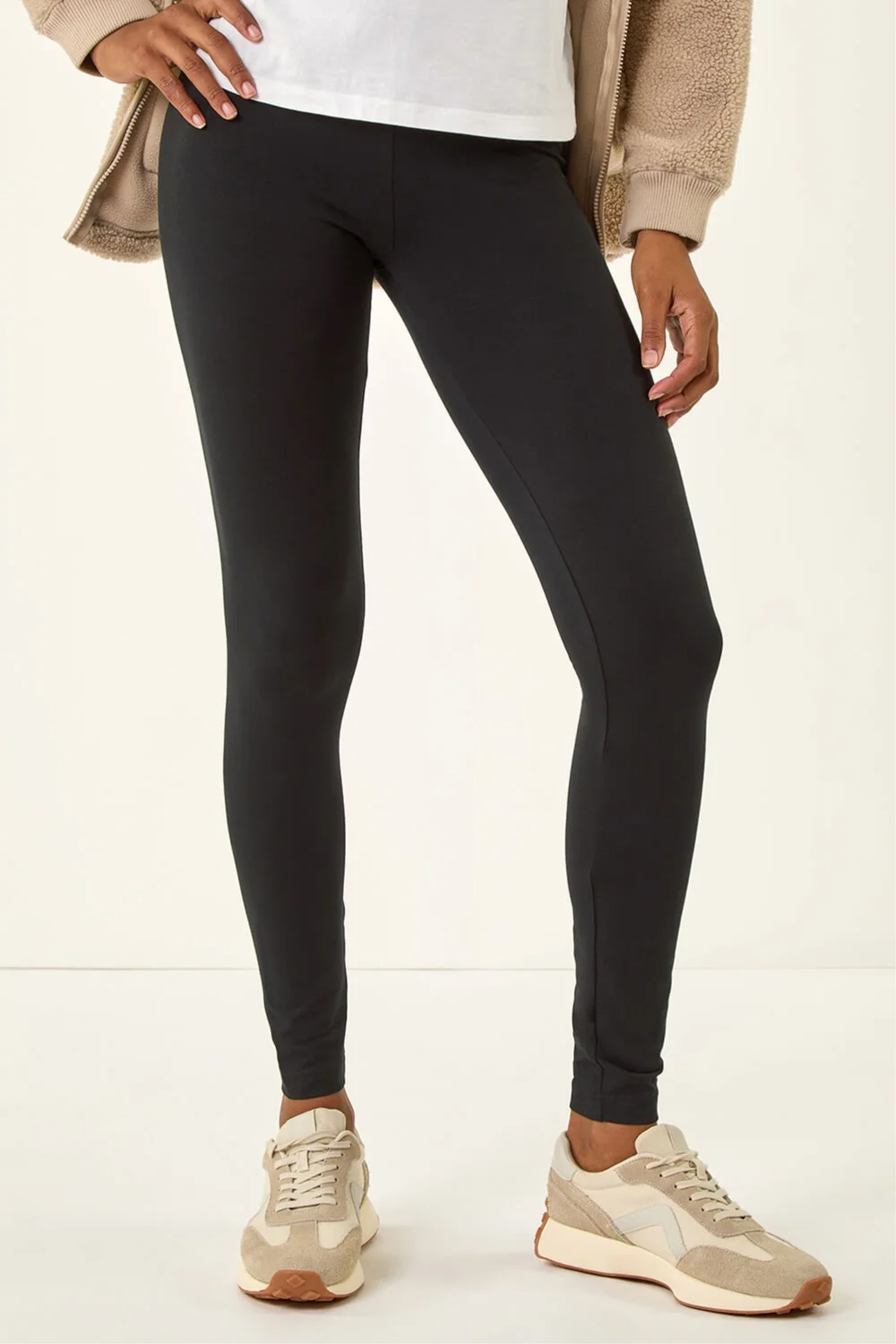 Roman Black Stretch Plain Elastic Waist Leggings - 12 Image 4