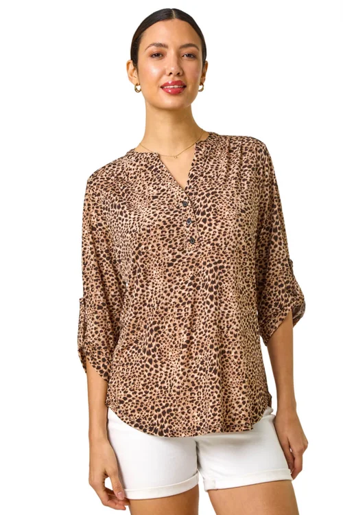 Roman Beige Animal Print Stretch Blouse - Size 10 Image 1