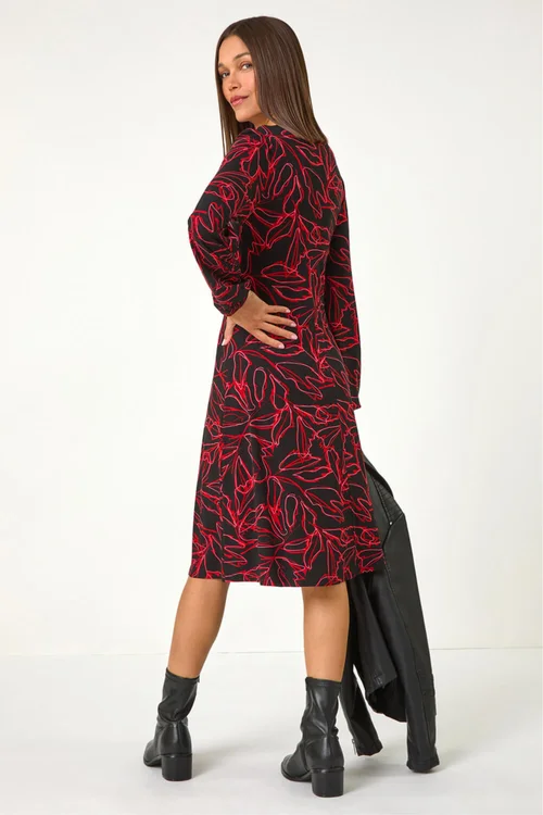 Roman Red Leaf Print Stretch Tea Dress - 18 Image 3