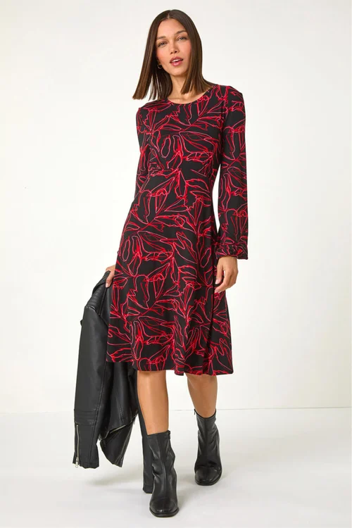 Roman Red Leaf Print Stretch Tea Dress - 18 Image 1