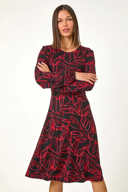 Roman Red Leaf Print Stretch Tea Dress - 18 Image 2
