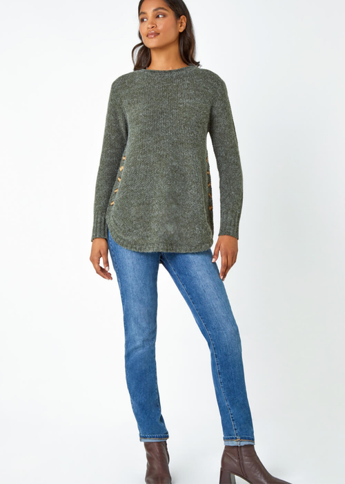 Roman Khaki Button Detail Curved Hem Jumper - Size 14 Image 4