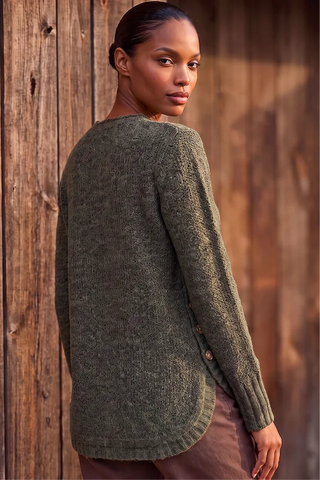 Roman Khaki Button Detail Curved Hem Jumper