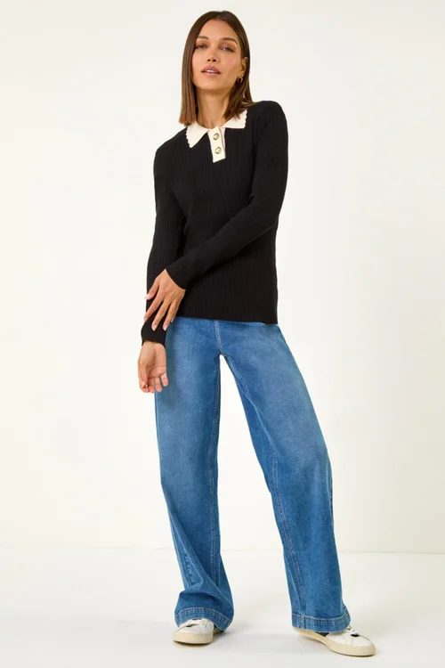Roman Black Button Scallop Collar Ribbed Jumper - Size 20 Image 3