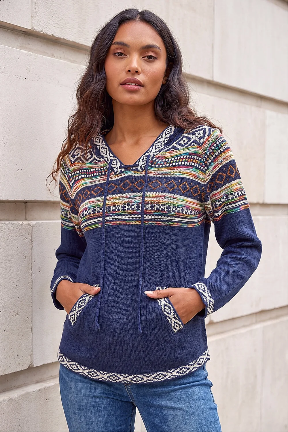 Roman Midnight Blue Nordic Print Hooded V-Neck Jumper - 10 Image 1