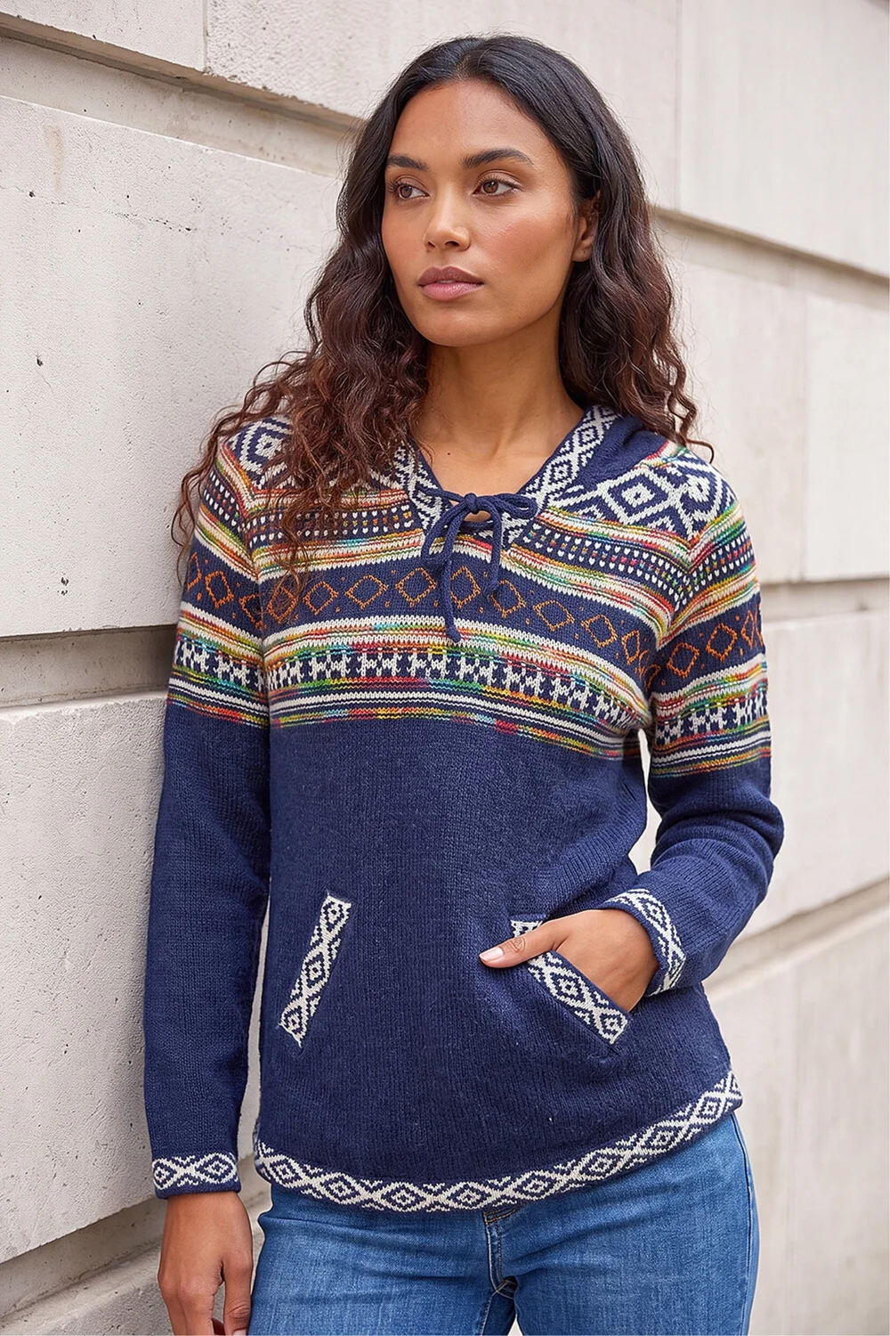 Roman Midnight Blue Nordic Print Hooded V-Neck Jumper - 10 Image 2