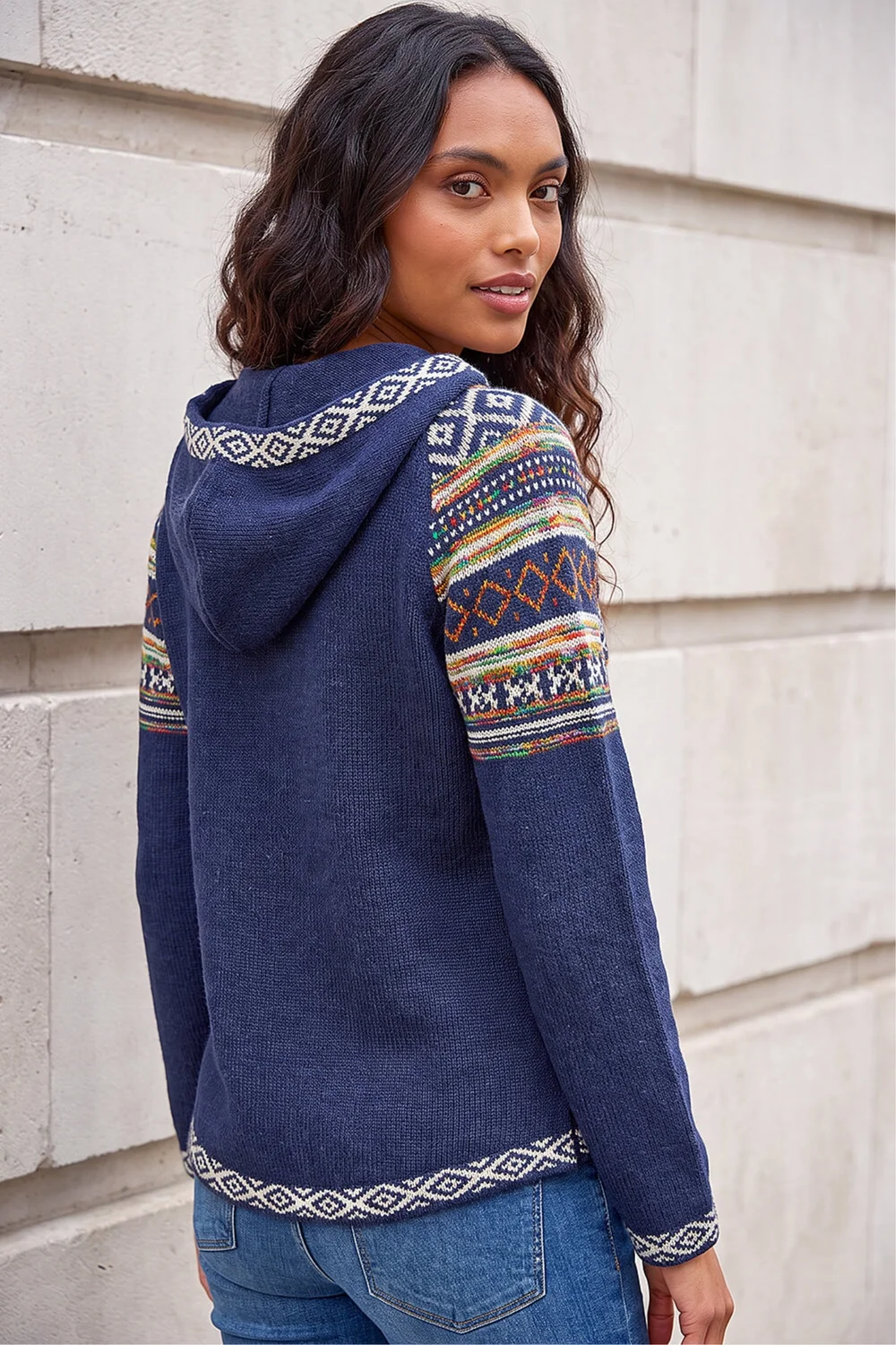 Roman Midnight Blue Nordic Print Hooded V-Neck Jumper - 10 Image 4