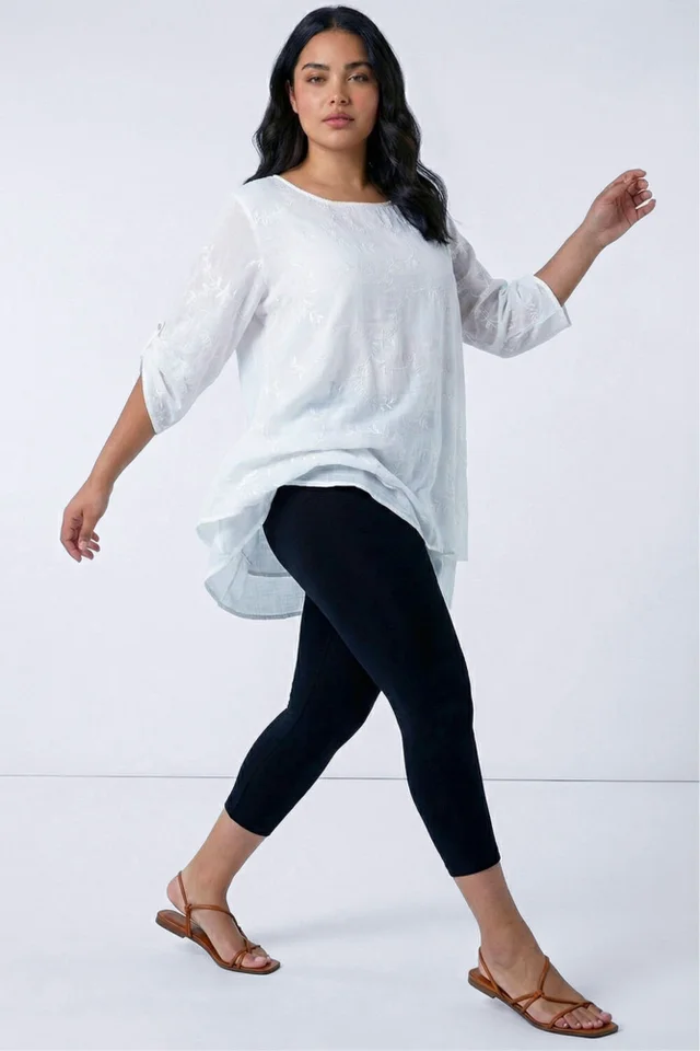 Roman Black Curve Plain Elastic Waist Cropped Leggings