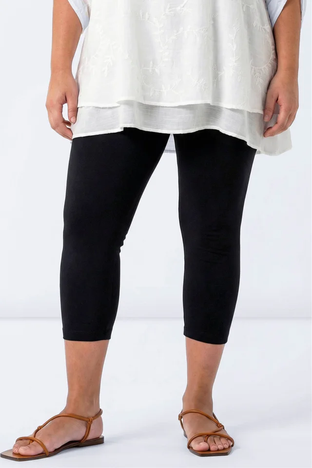 Roman Black Curve Plain Elastic Waist Cropped Leggings