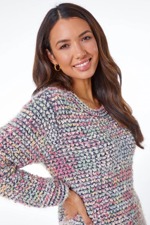 Roman Blue Fluffy Striped Curve Hem Jumper - Size 12 Image 4