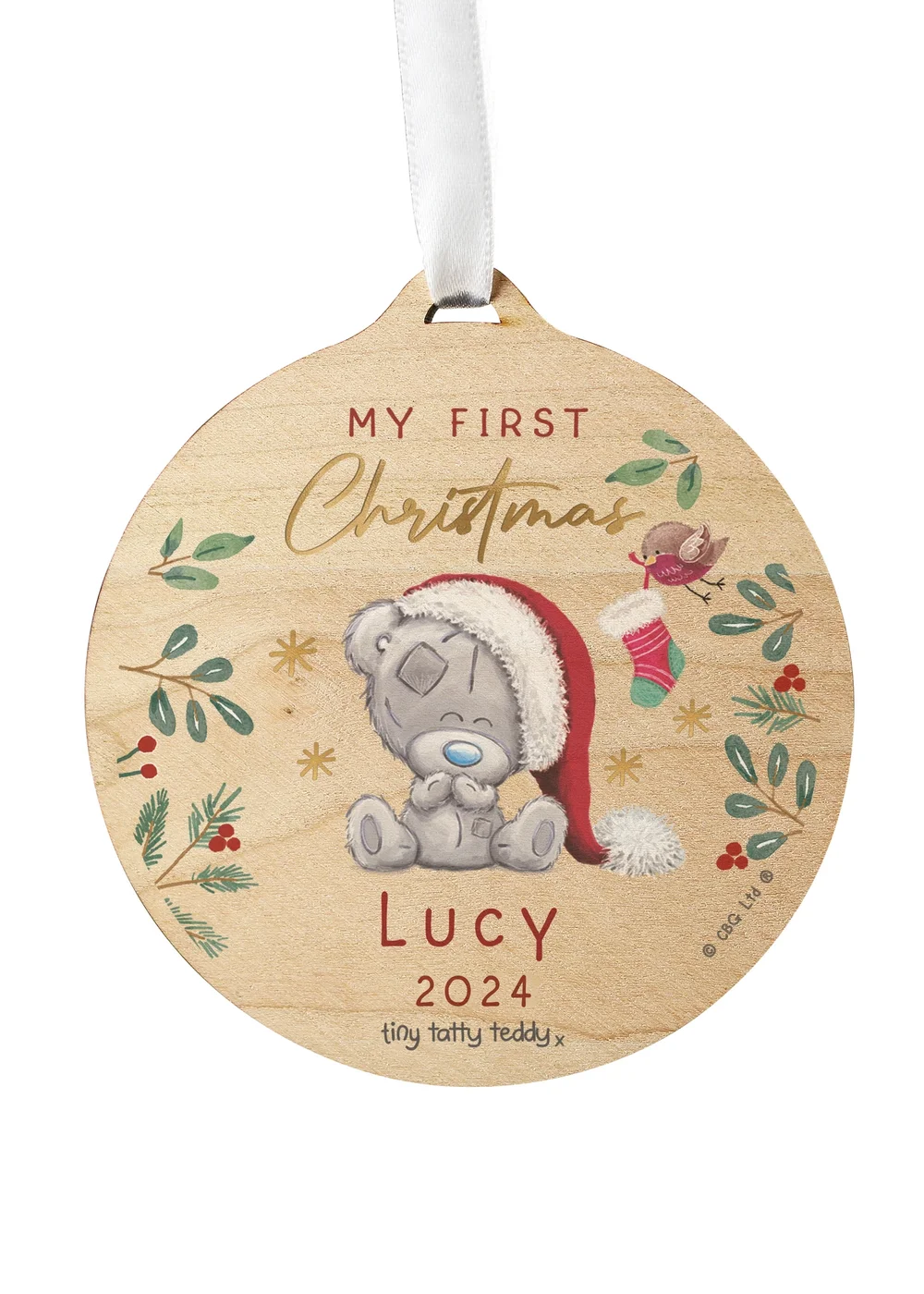 Personalised Memento Company Wood First Christmas Tiny Tatty Teddy Round Decoration - One Size Image 1