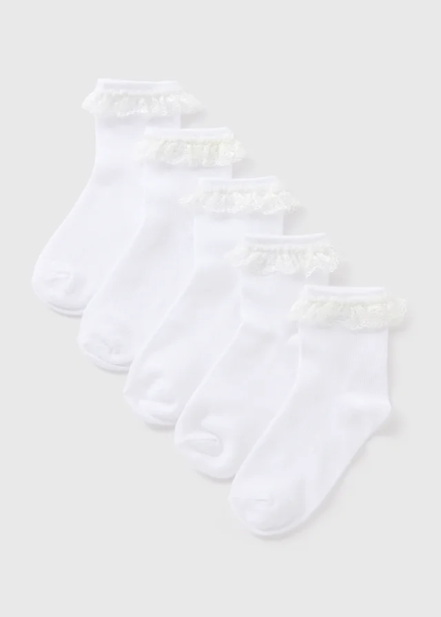 5 Pack Girls White Frill Ankle Socks (Younger 6-Older 6.5)