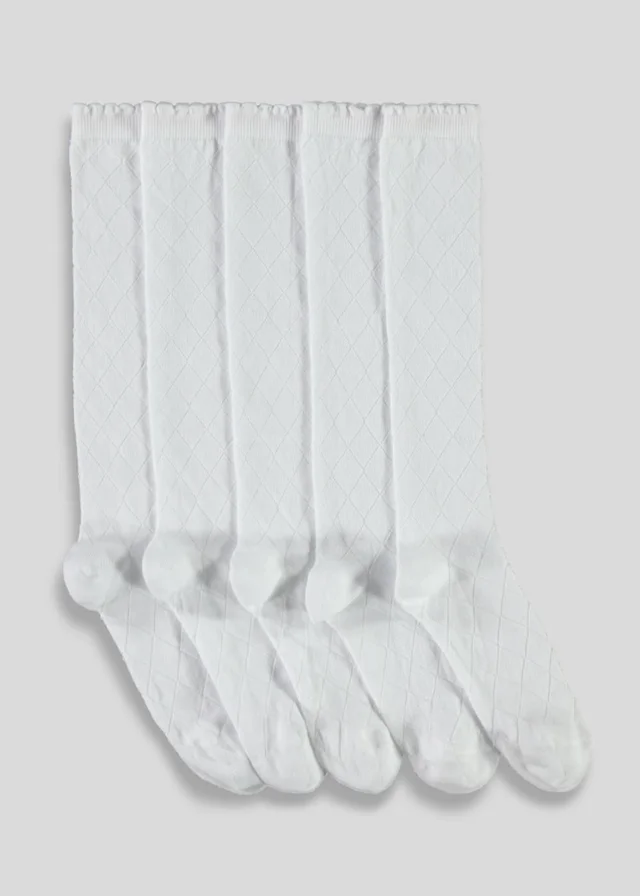5 Pack Girls White Diamond Knee High Socks (Younger 6-Older 6.5)