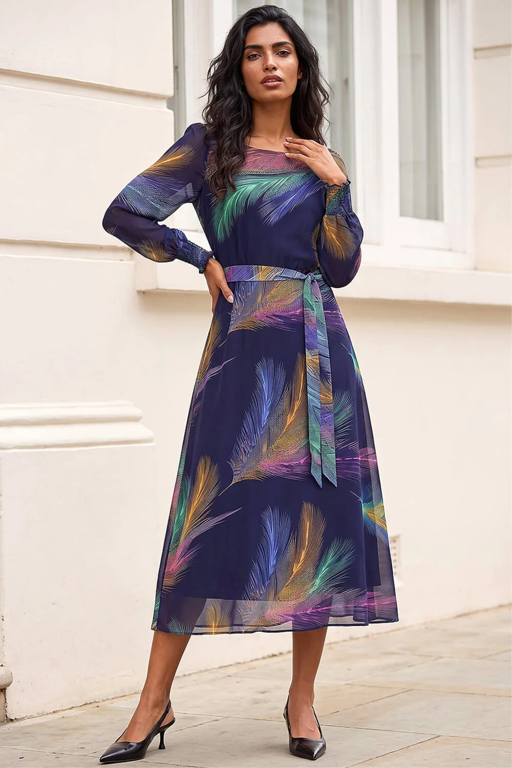 Roman Purple Feather Print Belted Midi Dress - 16 Image 2