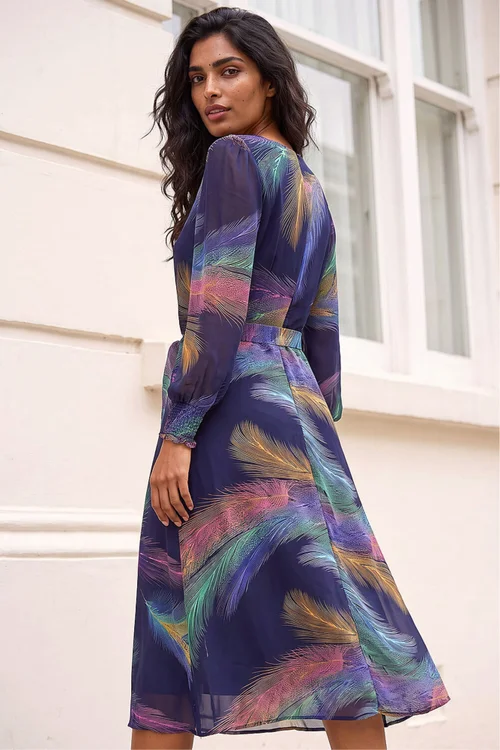 Roman Purple Feather Print Belted Midi Dress - 16 Image 3