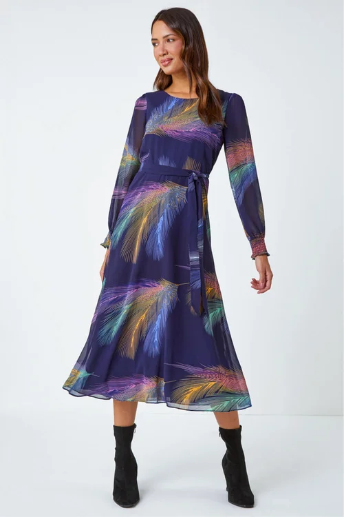 Roman Purple Feather Print Belted Midi Dress - 10 Image 2