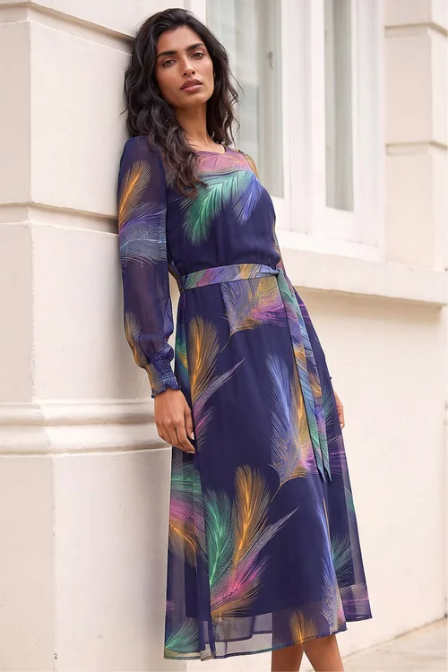 Roman Purple Feather Print Belted Midi Dress - 16 Image 1