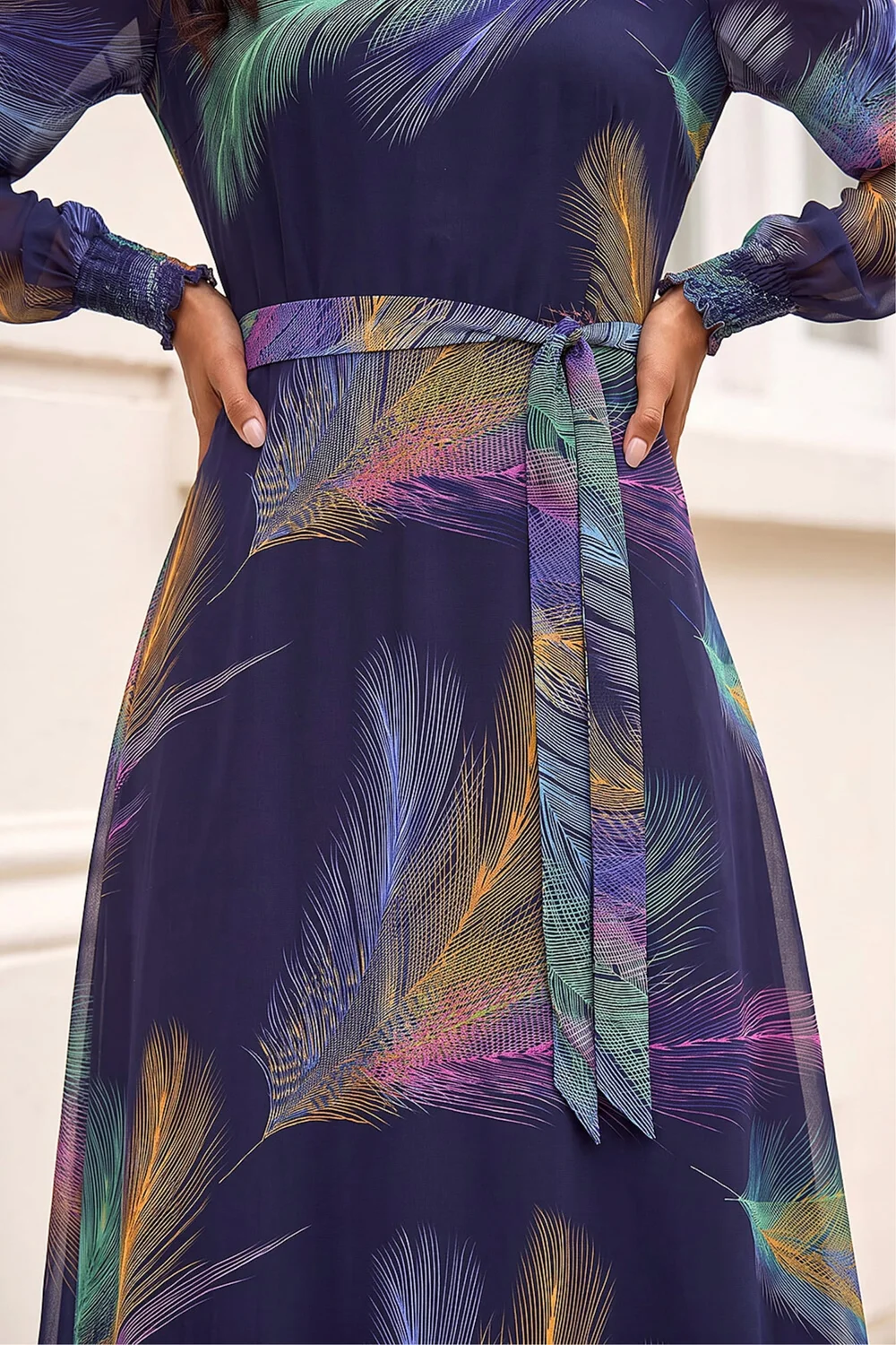 Roman Purple Feather Print Belted Midi Dress - 16 Image 4