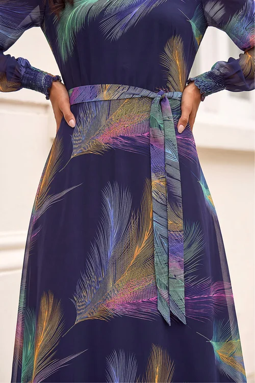Roman Purple Feather Print Belted Midi Dress - 16 Image 4
