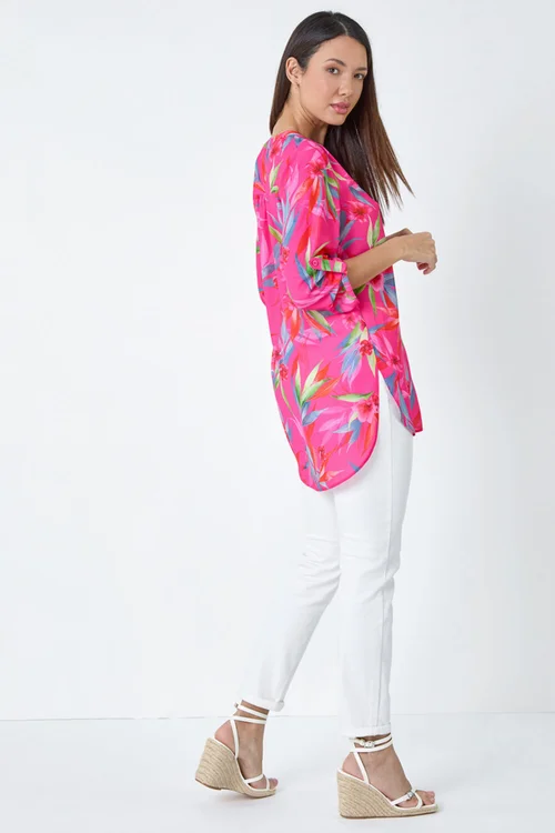 Roman Candy Pink Floral Print Longline Blouse - Size 12 Image 3