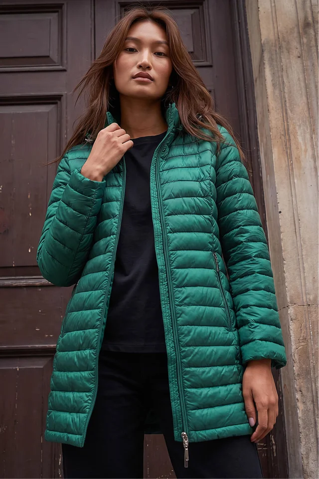 Roman Green Longline Quilted Hooded Puffer Coat