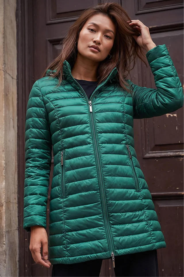 Roman Green Longline Quilted Hooded Puffer Coat