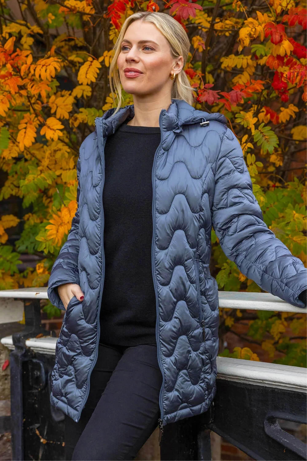 Roman Steel Blue Wave Quilted Puffer Hooded Coat - 16 Image 1