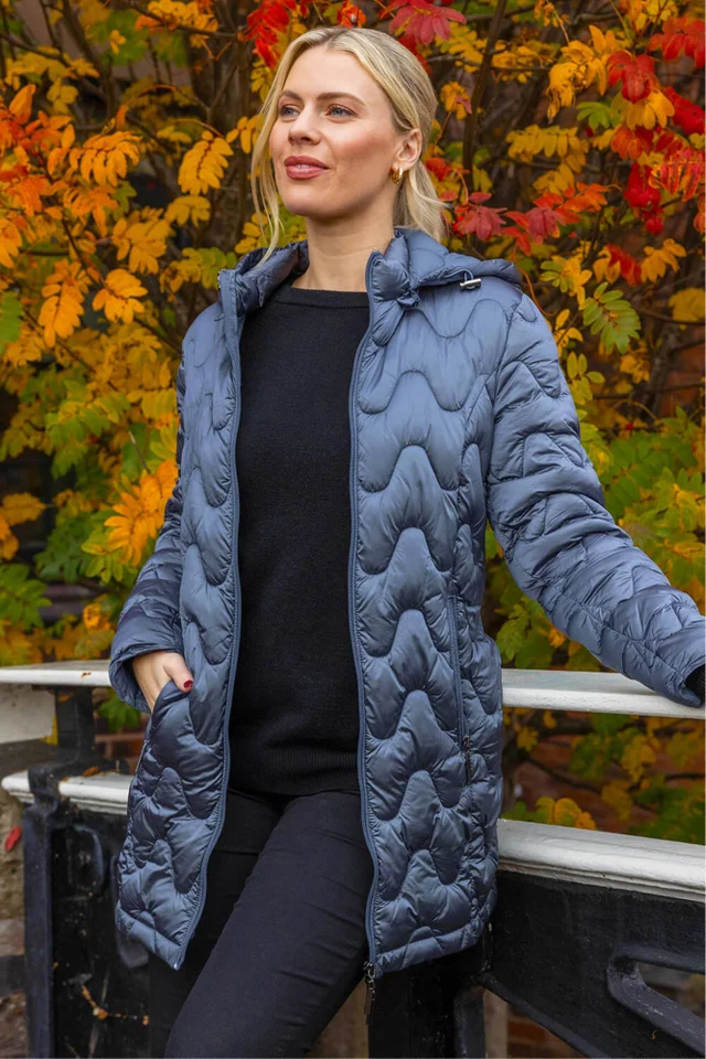 Roman Steel Blue Wave Quilted Puffer Hooded Coat