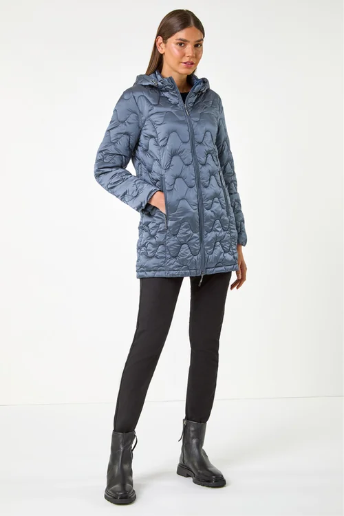Roman Steel Blue Wave Quilted Puffer Hooded Coat - 16 Image 4