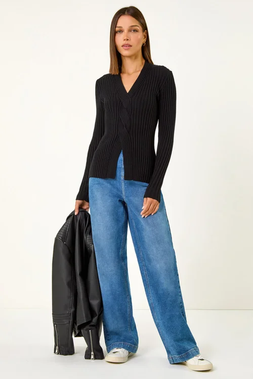 Roman Black Cable Split Detail Rib Jumper - Size 20 Image 2