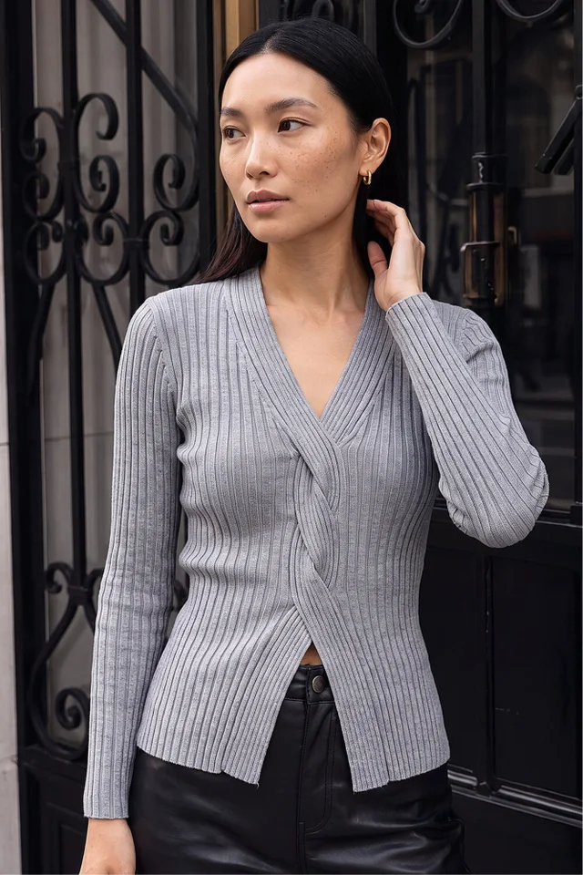 Roman Grey Cable Split Detail Rib Jumper