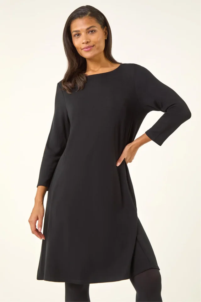 Roman Black A-Line Pocket Detail Swing Dress
