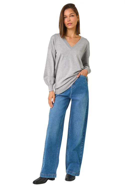 Roman Grey Plain V-Neck Stretch Longline Jumper - Size 10 Image 2