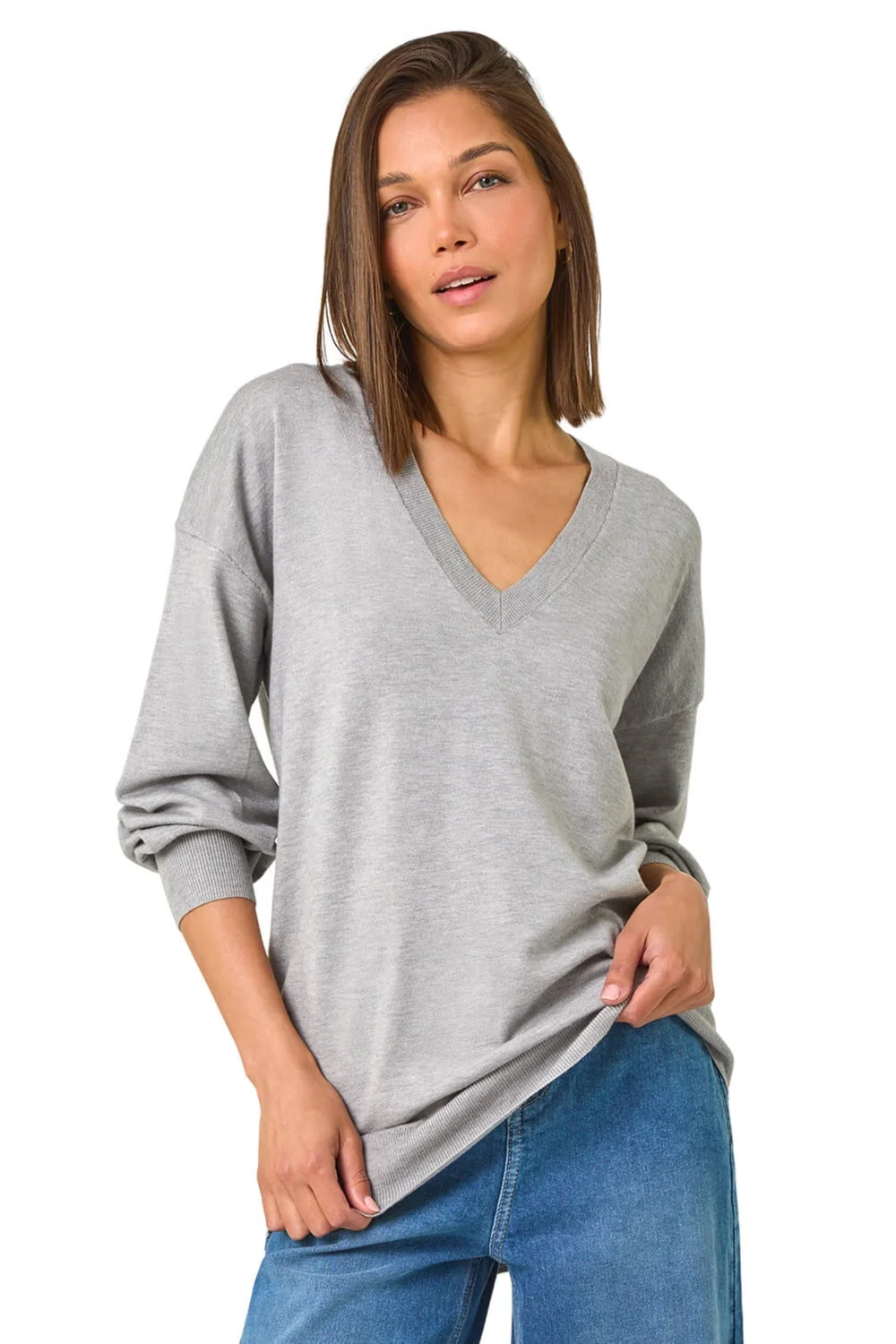 Roman Grey Plain V-Neck Stretch Longline Jumper - Size 10 Image 1