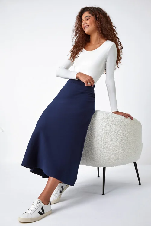 Roman Blue Plain Elastic Waist Knitted A Line Midi Skirt - Size 14 Image 2