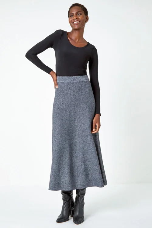 Roman Grey Plain Elastic Waist Knitted A Line Midi Skirt - Size 10 Image 3