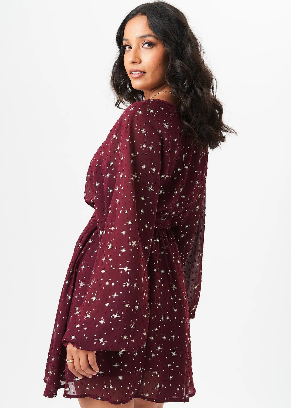 Gini London Burgundy Star Print Long Sleeve Mini Dress - S/M Image 2