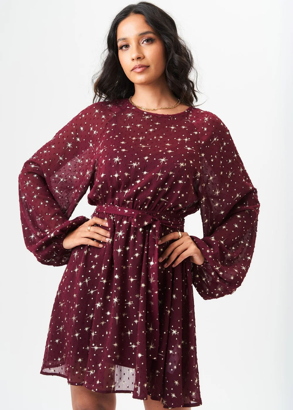 Gini London Burgundy Star Print Long Sleeve Mini Dress - S/M Image 1