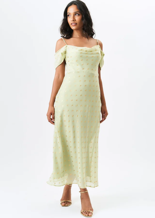 Gini London Sage Green Cowl Neck Drop Sleeves Foil Maxi Dress