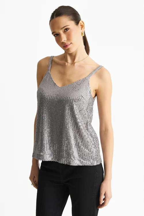 Gini London Silver Sequin V Neck Cami Top - M/L Image 4